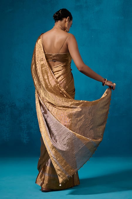 Dressfolk Zari Stripe Woven Handloom Tissue Pre-Draped Saree Set with Running Blouse 