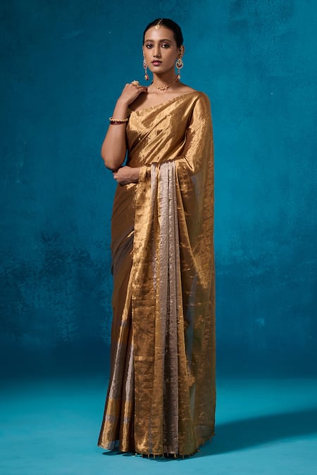 Dressfolk_Gold Handloom Stripe Woven Tissue Pre-draped Saree Set With Running Blouse _at_Aza_Fashions