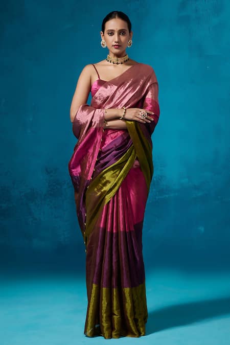 Dressfolk_Multi Color Handloom Cotton Zari Striped Tissue Saree Set With Running Blouse _at_Aza_Fashions