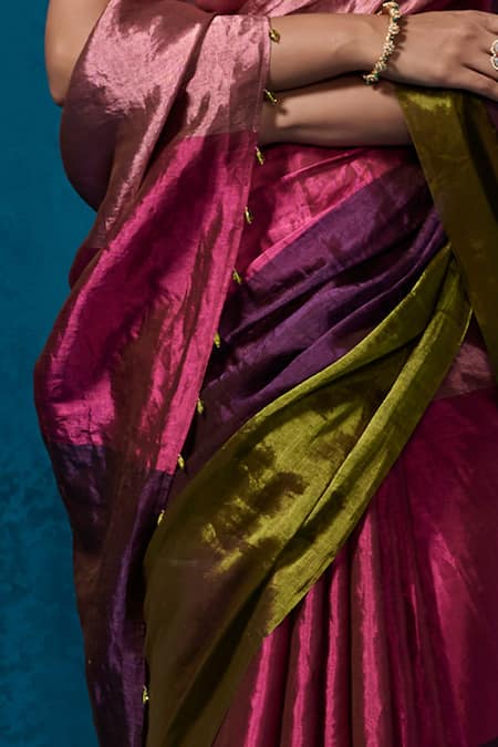 Buy_Dressfolk_Multi Color Handloom Cotton Zari Striped Tissue Saree Set With Running Blouse 