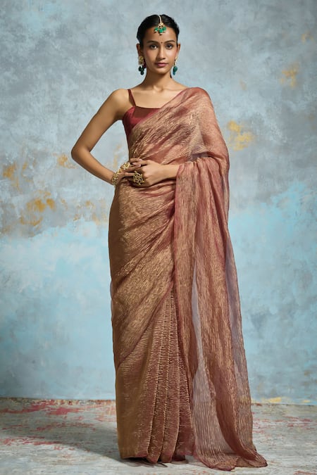 Dressfolk Maroon Tissue Sindoori Crinkled Handloom Saree With Running Blouse 