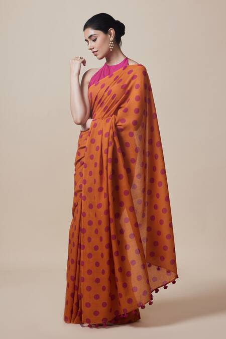 Buy_Dressfolk_Orange Cotton Polka Pattern Pre-draped Saree With Running Blouse _Online_at_Aza_Fashions