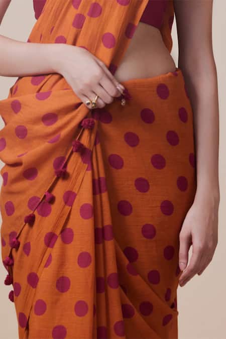 Shop_Dressfolk_Orange Cotton Polka Pattern Pre-draped Saree With Running Blouse _Online_at_Aza_Fashions