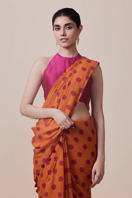 Dressfolk_Orange Cotton Polka Pattern Pre-draped Saree With Running Blouse _at_Aza_Fashions