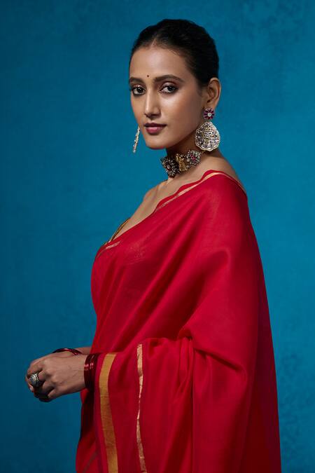 Dressfolk_Red Chanderi Zari Striped Pre-draped Saree Set With Running Blouse_Online_at_Aza_Fashions