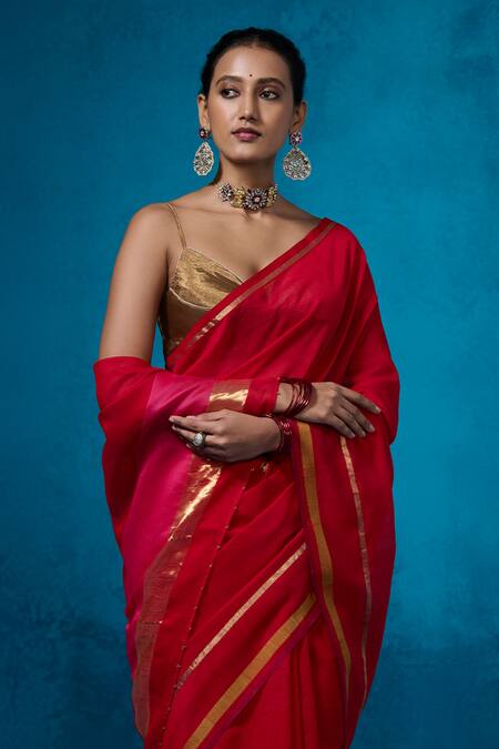 Shop_Dressfolk_Red Chanderi Zari Striped Pre-draped Saree Set With Running Blouse