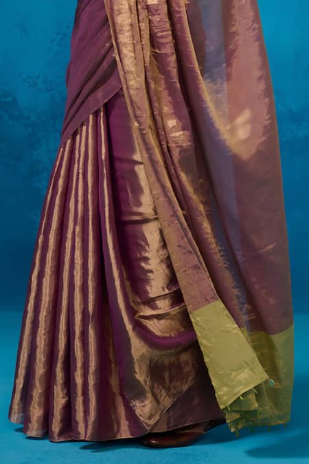 Dressfolk_Purple Handloom Cotton, Zari Striped Pre-draped Saree Set With Running Blouse_Online_at_Aza_Fashions