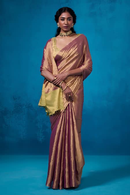 Buy_Dressfolk_Purple Handloom Cotton, Zari Striped Pre-draped Saree Set With Running Blouse