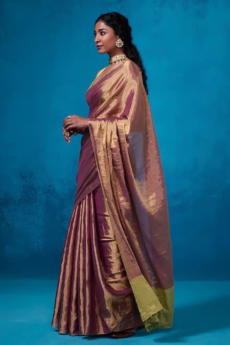 Shop_Dressfolk_Purple Handloom Cotton, Zari Striped Pre-draped Saree Set With Running Blouse