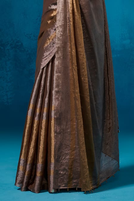 Shop_Dressfolk_Silver Handloom Cotton Zari Striped Border Pre-draped Saree With Running Blouse_Online_at_Aza_Fashions