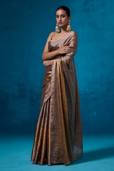 Dressfolk_Silver Handloom Cotton Zari Striped Border Pre-draped Saree With Running Blouse_at_Aza_Fashions