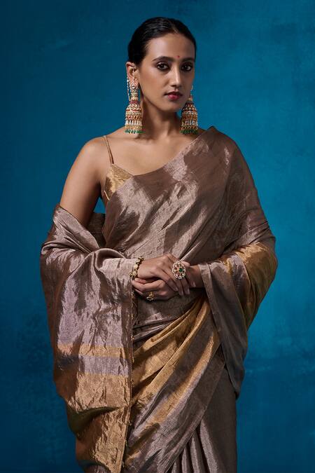Buy_Dressfolk_Silver Handloom Cotton Zari Striped Border Pre-draped Saree With Running Blouse
