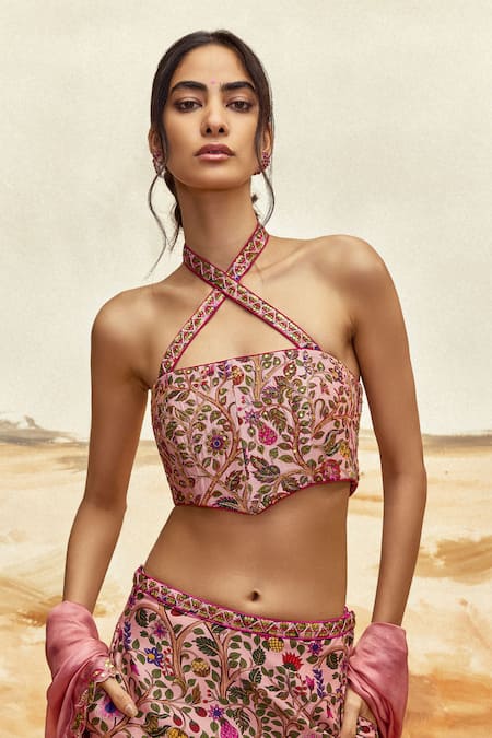 Buy Punit Balana Pink Silk, Chanderi Embroidery Crew Neck Floral Vine Lehenga Set Online at Aza Fashions Buy_Punit Balana_Pink Silk, Chanderi Embroidery Crew Neck Floral Vine Lehenga Set _Online_at_Aza_Fashions