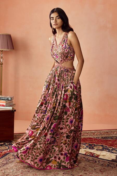 Punit Balana Pink Satin, Silk Embroidery V-neck Floral Vine Cutout Maxi Dress Online at Aza Fashions Punit Balana_Pink Satin, Silk Embroidery V-neck Floral Vine Cutout Maxi Dress _Online_at_Aza_Fashions