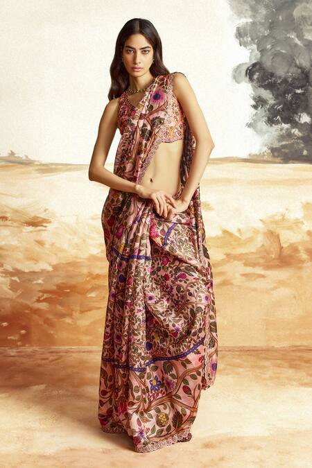Punit Balana_Pink , Chanderi Embroidery Floral Vine Printed Saree Set _Online_at_Aza_Fashions