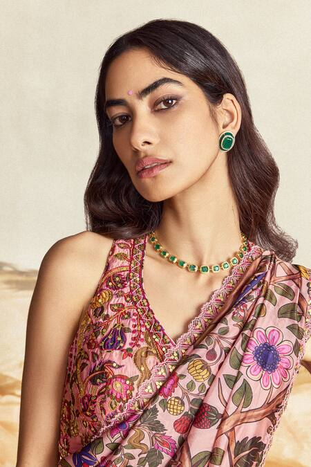 Buy_Punit Balana_Pink , Chanderi Embroidery Floral Vine Printed Saree Set _Online_at_Aza_Fashions