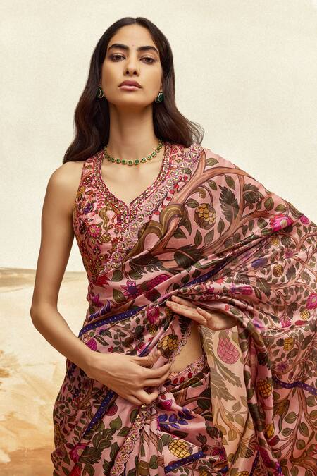 Shop_Punit Balana_Pink , Chanderi Embroidery Floral Vine Printed Saree Set _Online_at_Aza_Fashions