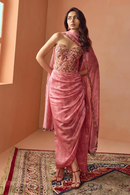 Buy_Punit Balana_Pink Chanderi, Satin, Organza Embroidery Floral Coin Draped Skirt Set _Online_at_Aza_Fashions