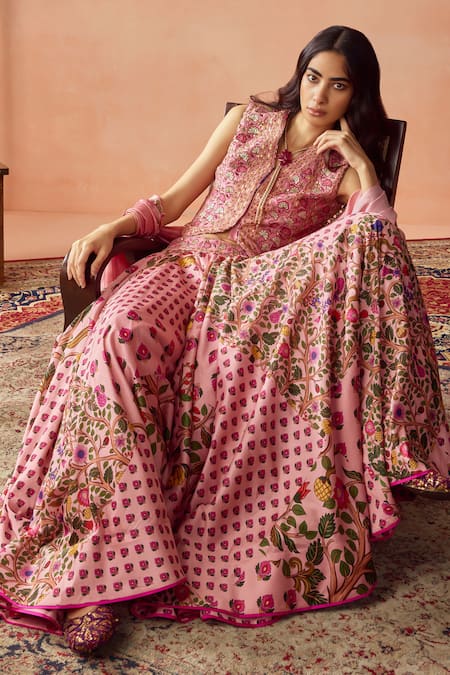 Buy Punit Balana Pink Chanderi Silk, Organza Embroidery V-neck Floral Jacket And Printed Skirt Set Online at Aza Fashions Buy_Punit Balana_Pink Chanderi Silk, Organza Embroidery V-neck Floral Jacket And Printed Skirt Set _Online_at_Aza_Fashions