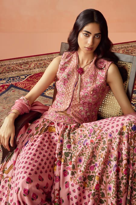 Shop Punit Balana Pink Chanderi Silk, Organza Embroidery V-neck Floral Jacket And Printed Skirt Set Online at Aza Fashions Shop_Punit Balana_Pink Chanderi Silk, Organza Embroidery V-neck Floral Jacket And Printed Skirt Set _Online_at_Aza_Fashions