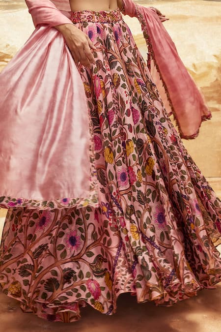 Punit Balana_Pink Chanderi , Organza Embroidery Scoop Floral Printed Lehenga Set _Online_at_Aza_Fashions