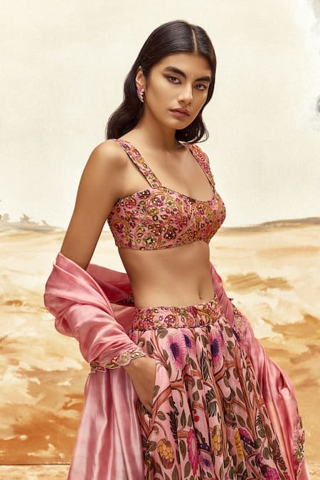 Buy_Punit Balana_Pink Chanderi , Organza Embroidery Scoop Floral Printed Lehenga Set _Online_at_Aza_Fashions