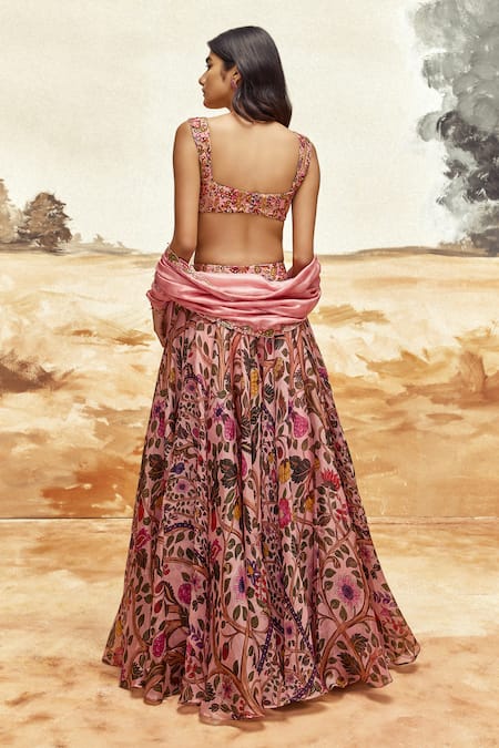 Shop_Punit Balana_Pink Chanderi , Organza Embroidery Scoop Floral Printed Lehenga Set _at_Aza_Fashions