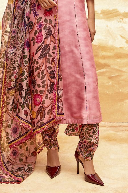 Punit Balana_Pink Silk, Chanderi, Satin, Organza Floral Printed A-line Kurta Pant Set _Online_at_Aza_Fashions