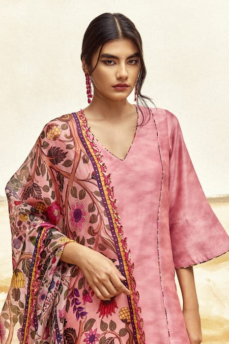 Shop_Punit Balana_Pink Silk, Chanderi, Satin, Organza Floral Printed A-line Kurta Pant Set _at_Aza_Fashions