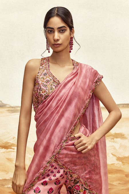 Buy_Punit Balana_Pink Chanderi , Organza Embroidery Floral Vine Blouse And Gharara Set _Online_at_Aza_Fashions