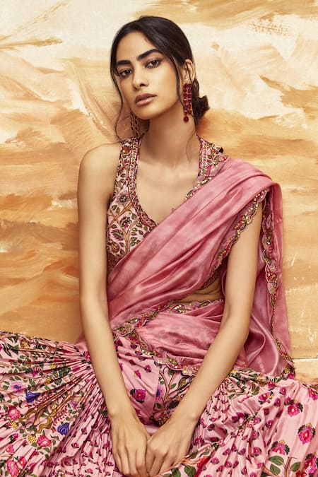 Shop_Punit Balana_Pink Chanderi , Organza Embroidery Floral Vine Blouse And Gharara Set _Online_at_Aza_Fashions