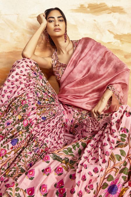 Punit Balana_Pink Chanderi , Organza Embroidery Floral Vine Blouse And Gharara Set _at_Aza_Fashions