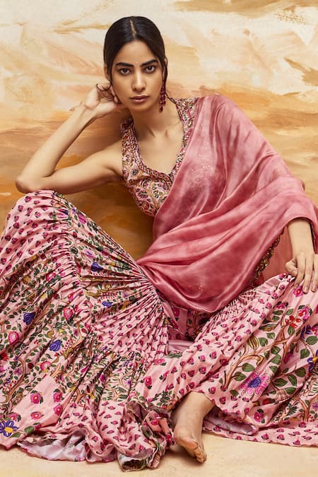 Buy_Punit Balana_Pink Chanderi , Organza Embroidery Floral Vine Blouse And Gharara Set 