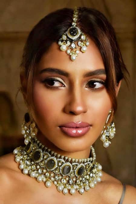 Shop_Amaara Jewels_Gold Plated Pearls, Stones, Zari Bloom Choker Necklace Set _Online_at_Aza_Fashions