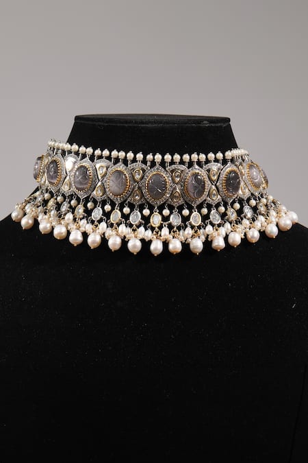 Shop_Amaara Jewels_Gold Plated Pearls, Stones, Zari Bloom Choker Necklace Set _at_Aza_Fashions