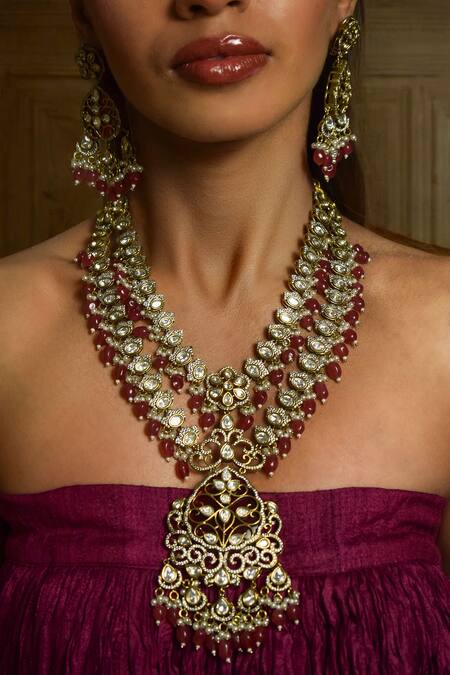 Buy_Amaara Jewels_Red Pearls, Stones, Beads Crest Bloom Necklace Set _Online_at_Aza_Fashions