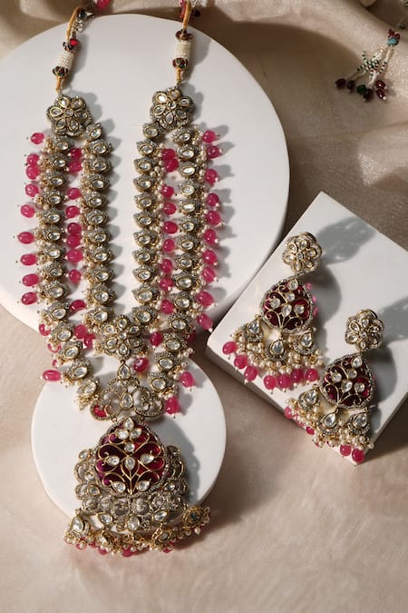 Shop_Amaara Jewels_Red Pearls, Stones, Beads Crest Bloom Necklace Set _at_Aza_Fashions