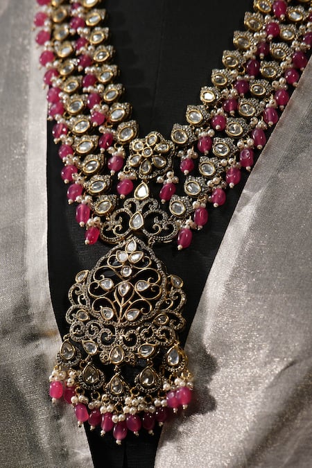 Shop_Amaara Jewels_Red Pearls, Stones, Beads Crest Bloom Necklace Set _Online_at_Aza_Fashions