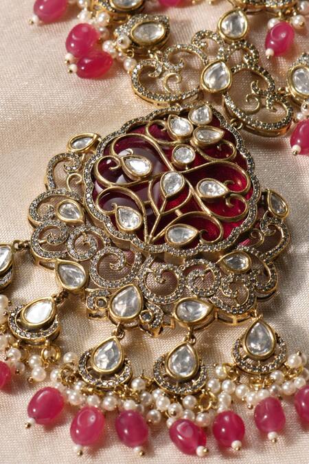 Amaara Jewels_Red Pearls, Stones, Beads Crest Bloom Necklace Set _at_Aza_Fashions