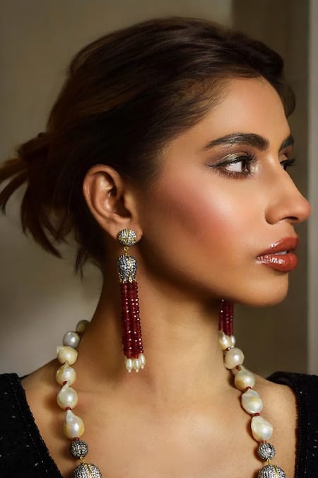 Shop Amaara Jewels Gold Plated Stones Designer Long Necklace Set at Aza Fashions Shop_Amaara Jewels_Gold Plated Stones Designer Long Necklace Set _at_Aza_Fashions