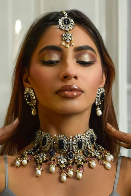 Shop_Amaara Jewels_Black Pearls, Stones Blossom Choker Set _at_Aza_Fashions