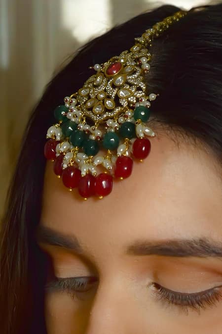 Amaara Jewels_Red Pearls Antique Gold Blossom Vine Necklace Set _Online_at_Aza_Fashions