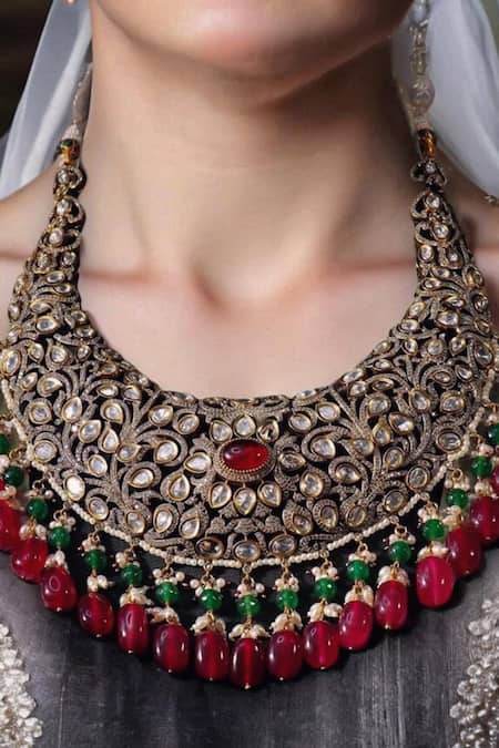 Shop_Amaara Jewels_Red Pearls Antique Gold Blossom Vine Necklace Set _Online_at_Aza_Fashions