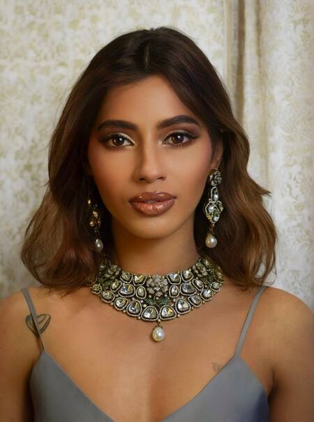 Amaara Jewels_Gold Plated Imitation Diamonds Polki Embellished Necklace And Earring Set_Online_at_Aza_Fashions