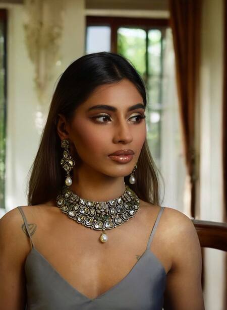 Buy_Amaara Jewels_Gold Plated Imitation Diamonds Polki Embellished Necklace And Earring Set_Online_at_Aza_Fashions
