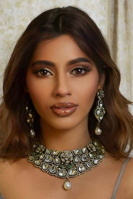 Amaara Jewels_Gold Plated Imitation Diamonds Polki Embellished Necklace And Earring Set_at_Aza_Fashions