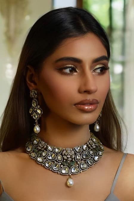 Buy_Amaara Jewels_Gold Plated Imitation Diamonds Polki Embellished Necklace And Earring Set