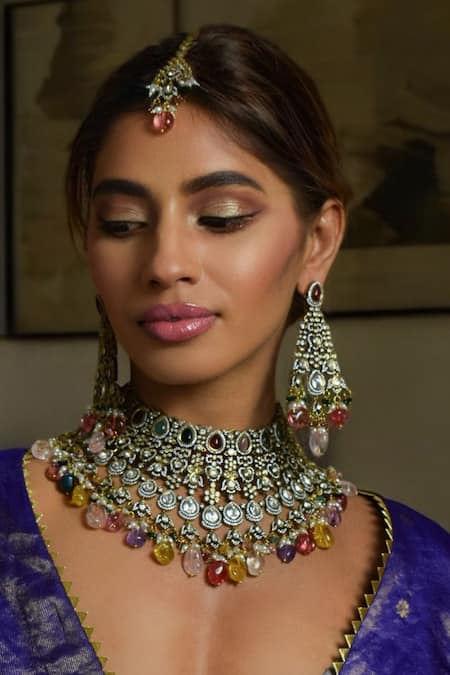 Amaara Jewels_Multi Color Pearls, Stones Antique Gold Navratna Polki Necklace Set _Online_at_Aza_Fashions