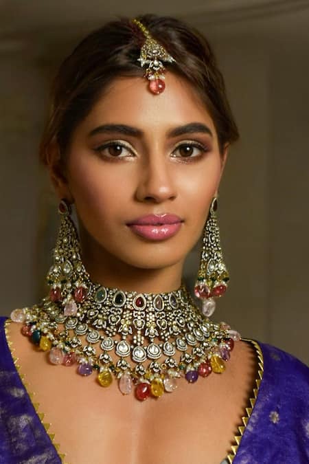 Buy_Amaara Jewels_Multi Color Pearls, Stones Antique Gold Navratna Polki Necklace Set _Online_at_Aza_Fashions