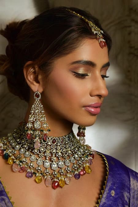 Shop_Amaara Jewels_Multi Color Pearls, Stones Antique Gold Navratna Polki Necklace Set _Online_at_Aza_Fashions